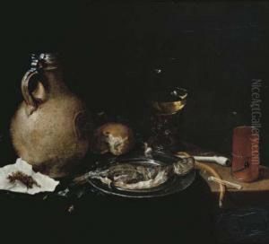 An Earthenware Tankard, Tobacco In A Piece Of Paper, A Bun, A Whiteclay Pipe, A Roemer by Cornelis Stangerus