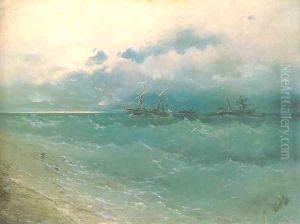 The ships on rough sea sunrise by Ivan Konstantinovich Aivazovsky