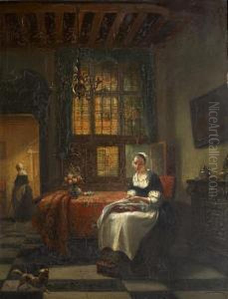 Lady Sewing Beside A Stained Glass Window - view 1