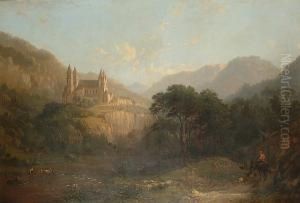 An Abbey Set Above A Lake, With A Drover In The Foreground