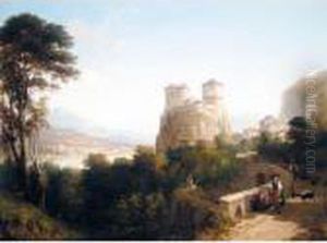 A Tyrolean Landscape With Peasants On A Path Leading To A Castle by Caleb Robert Stanley