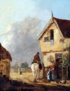Figures, Horse And Chickens Before A Cottage