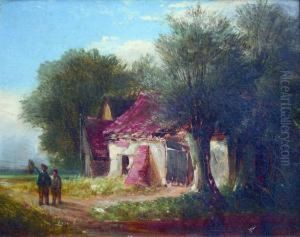 Two Figures With A Fishing Net By Farm Buildings