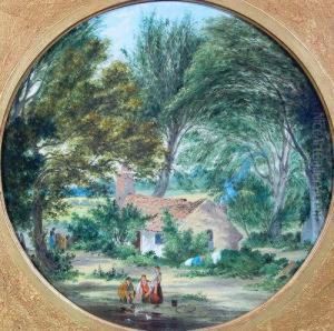 Rural Landscape With Figures At A Duck Pond And Tiled Cottage Beyond by Alfred Stannard