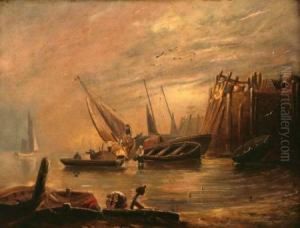 Harbour Scene With Figures And Boats