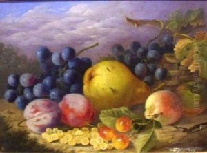 Plum Pears And Peaches By A Basket On A Mound
