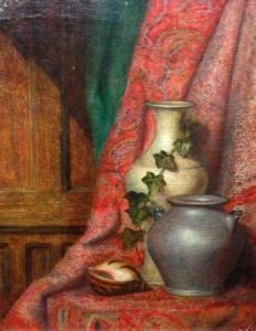 Still Life Study Of Stone Vases And Shell On A Paisley Shawl by Eloise Harriet Stannard