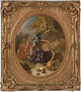 Autumn - A Bullfinch On A Basket With Grapes, Apples And Sweet Chestnuts
