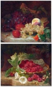 Still Life Study Of Basket Of Raspberries And Flowers On A Ledge With Wasps by Eloise Harriet Stannard