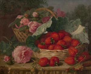 Still Life Of Strawberries, Roses, Cabbage Leaf And Butterfly On A Limestone Ledge by Eloise Harriet Stannard