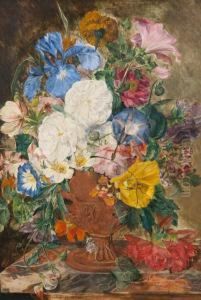 Still Life Of Flowers And Butterfly In A Terracotta Vase by Emily, Nee Coppin Stannard