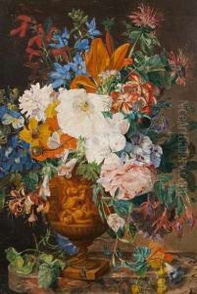 Still Life Of Insects And Flowers In A Terracotta Vase - view 1