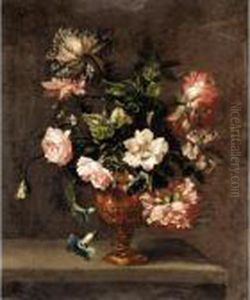 Still Life Of Roses, Paeonies, And Other Flowers In A Vase On A Ledge Still Life Of Roses, Paeonies, And Other Flowers In A Vase On A Ledge