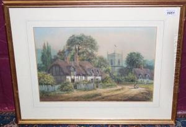 Figures In A Country Lane Beside Thatched Cottages With A Church Beyond - view 1