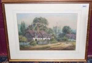 Figures In A Country Lane Beside Thatched Cottages With A Church Beyond