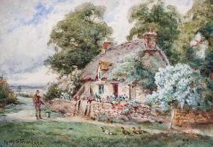 Feeding Ducks Outside A Cottage by Henry Stannard