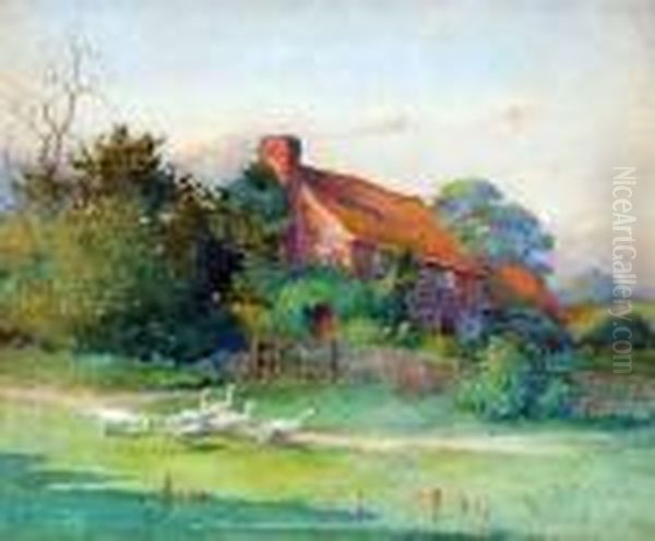 Geese Before A Country Cottage - view 1