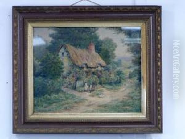 Figures By A Thatched Cottage In A Country Lane by Henry John Sylvester Stannard