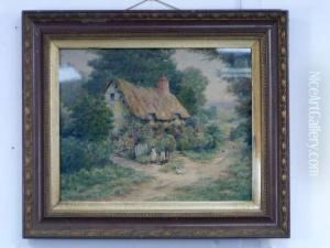 Figures By A Thatched Cottage In A Country Lane by Henry John Sylvester Stannard
