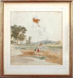 Landscape Sketch With Figure And A Horseand A Sketch Of Man Seated In The Sky On The Same Sheet by Joseph Stannard