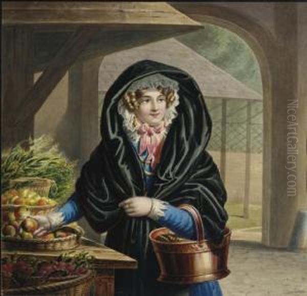 Jeune Femme Vetue D'une Cape Et Tenant Un Panier Rempli De Fruits Et Legumes - view 1