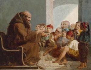 Franziskanermonch Mit Kindern by Julius Josephus Gaspard Starck