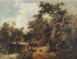 Gypsies Fishing From A Stream With Horse And Wagon