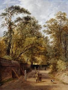 Children With A Dog On A Woodland Road by James Stark