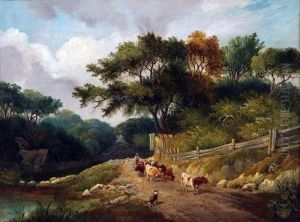 Herder With Dog And Cattle In A Wooded Lane