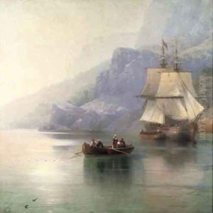 A fishing boat with a Russian merchant brig at anchor by Ivan Konstantinovich Aivazovsky