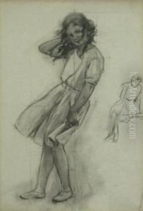 Sketch Of Little Girl On Blustery Day