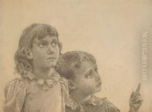 A Young Boy And Girl Gaze Upward