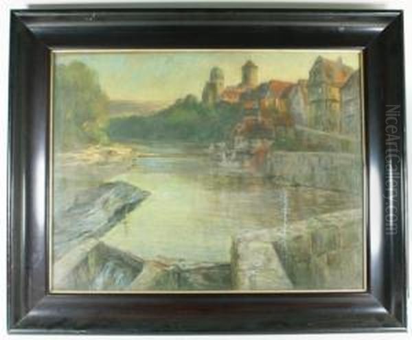 Blick Auf Eine Altstadtkulisse(wohl Besigheim A.n.) Mit Machtigem Kirchtum, Pastell(hinter Glas),56x70, Rahmen (altersspuren). - view 1
