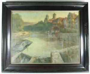 Blick Auf Eine Altstadtkulisse(wohl Besigheim A.n.) Mit Machtigem Kirchtum, Pastell(hinter Glas),56x70, Rahmen (altersspuren). by Erwin Starker