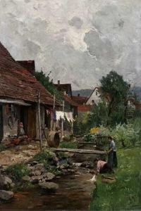 R.u.sig. Und Dat. 1897, Gaimesheim - Baden-baden, ?zwei Wascherinnen Am Dorfrand
