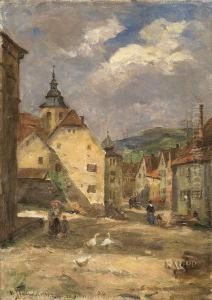 Strasenszene In Beschaulichem Suddeutschem Stadtchen Mit Figurenstaffage Und Gansen. by Vitus Staudacher
