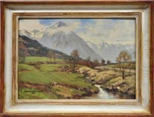 Sommerlandschaft Mit Bergkette Unter Bewolktem Himmel by Rudolf Staudenmaier