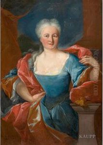 Halbfigurenbildnis Einer Adligen Dame Mit Gepudertemhaar In Tailliertem Blauem Kleid Und Sie Umspielendem Rotem Mantel,den Angewinkelten Linken Arm Auf Ein Kissen Stutzend by Jakob Karl Stauder