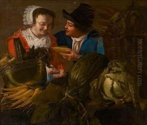 A Young Couple Standing Beside A Table Laden With Carrots, Cabbage And Other Vegetables