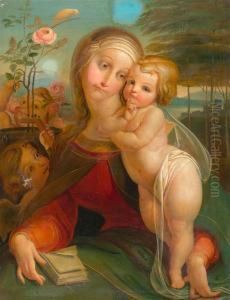 Maria Mit Dem Kind Vor Einer Landschaft Umringt Von Engeln by Franz Anton Stecher