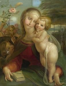 Madonna And Child Before A Landscape Encircled By Angels. by Franz Anton Stecher