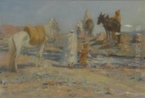 Desert Landscape With Horses And Arabs Watering At A Stream, Signed, Oil On Canvas, 11 X 17.5"