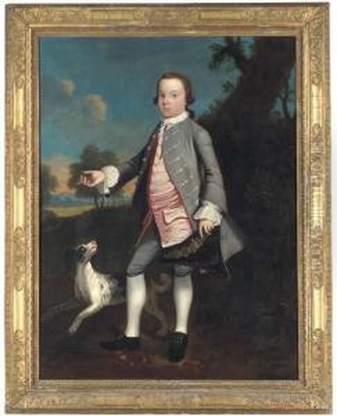 Portrait Of A Young Boy, Full-length, In A Silver Coat And Pink Waistcoat, Holding A Tricorn In His Left Hand, A Spaniel Beside Him, In A Landscape - view 1