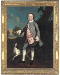 Portrait Of A Young Boy, Full-length, In A Silver Coat And Pink Waistcoat, Holding A Tricorn In His Left Hand, A Spaniel Beside Him, In A Landscape by Christopher Steele