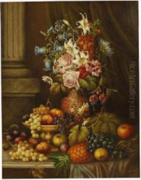 Still Life Of Flowers And Fruit Next A Marble Column - view 1