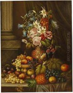 Still Life Of Flowers And Fruit Next A Marble Column by Edwin Steele