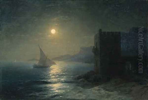 Coastal Fortress with Felucca by Moonlight - view 1