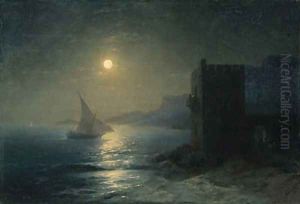 Coastal Fortress with Felucca by Moonlight