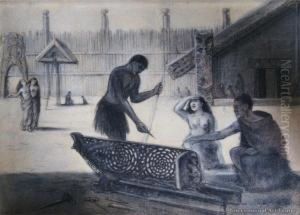 Maori Working On A War Canoe (waka - Taua) In Front Of Hotonui Meeting House Maori Working On A War Canoe (waka - Taua) In Front Of Hotonui Meeting House