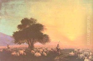 Flock of sheep with herdsmen sunset